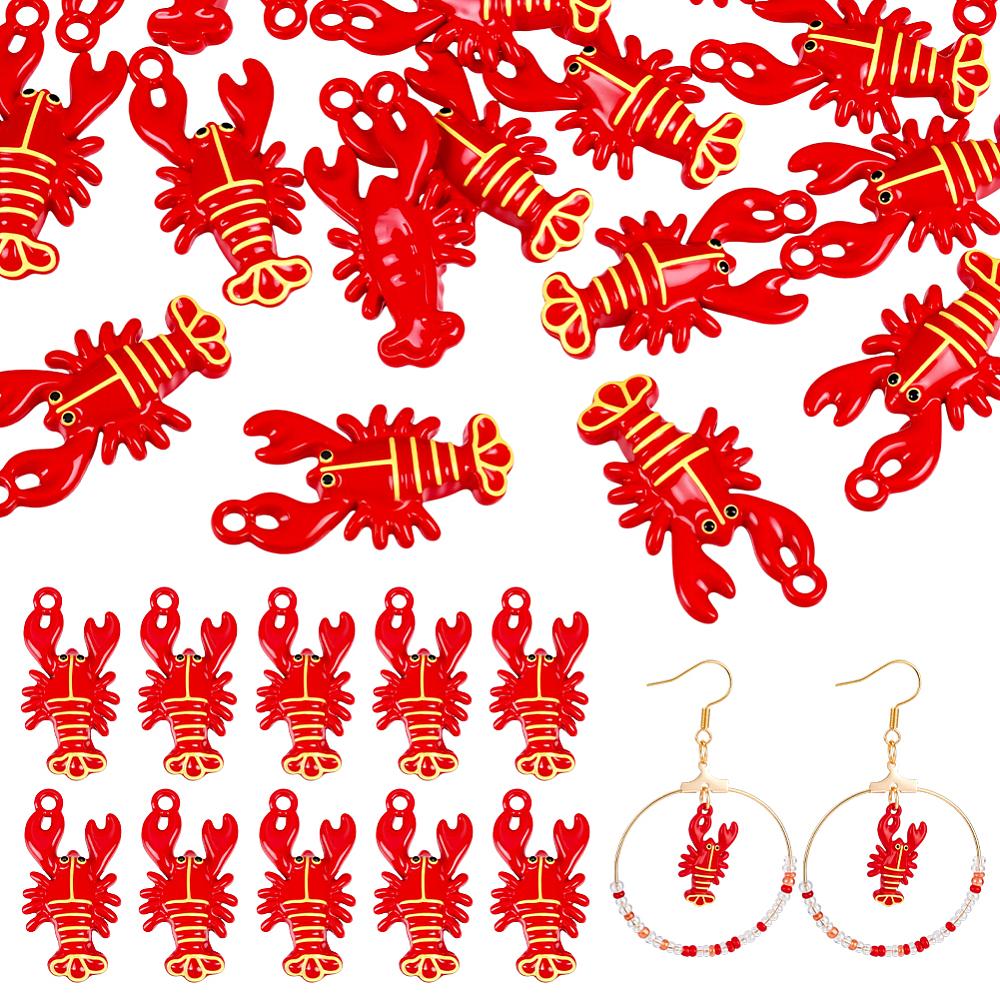 20Pcs Alloy Pendants Baking Paint Lobster Charms Red 21x10.5x4mm Hole: 1.2mm