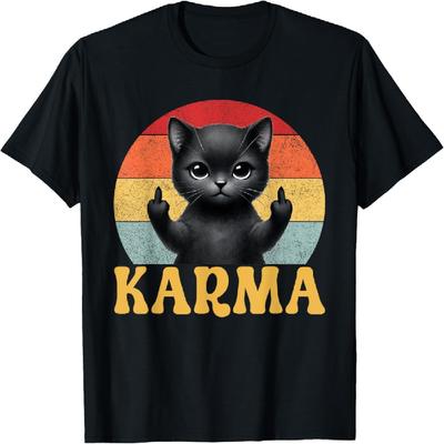 Cute Funny Cat Lover Middle Finger Retro Sunset Shape Karma T-Shirt