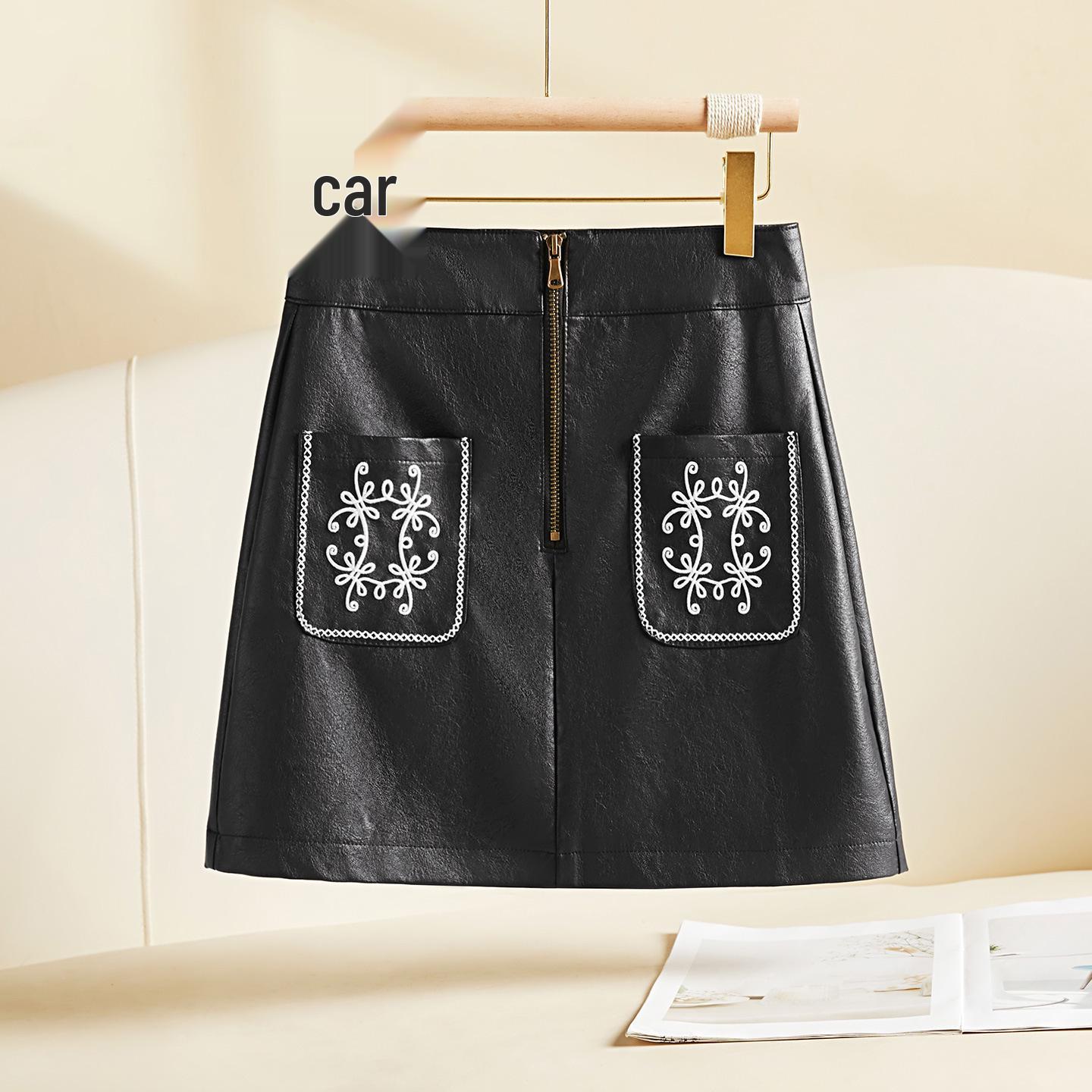 La Chapelle Embroidered PU Leather Short Skirt - Petite Autumn 2025 Collection: Elegant, Hip-Hugging Design M чёрный