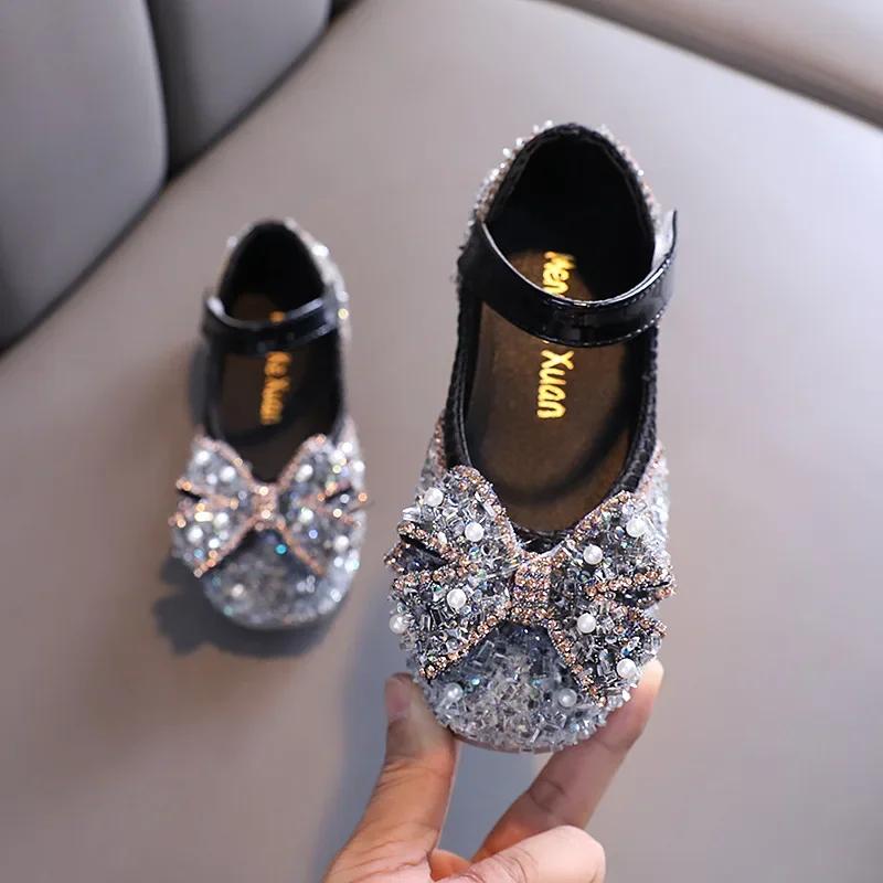 

Spring Summer Runway Casual Girls Butterfly-knot Dancing Shoes Pearl Gorgeous Rhinestone Upper Mary Jane Shoes Kids I02051 21 чорний