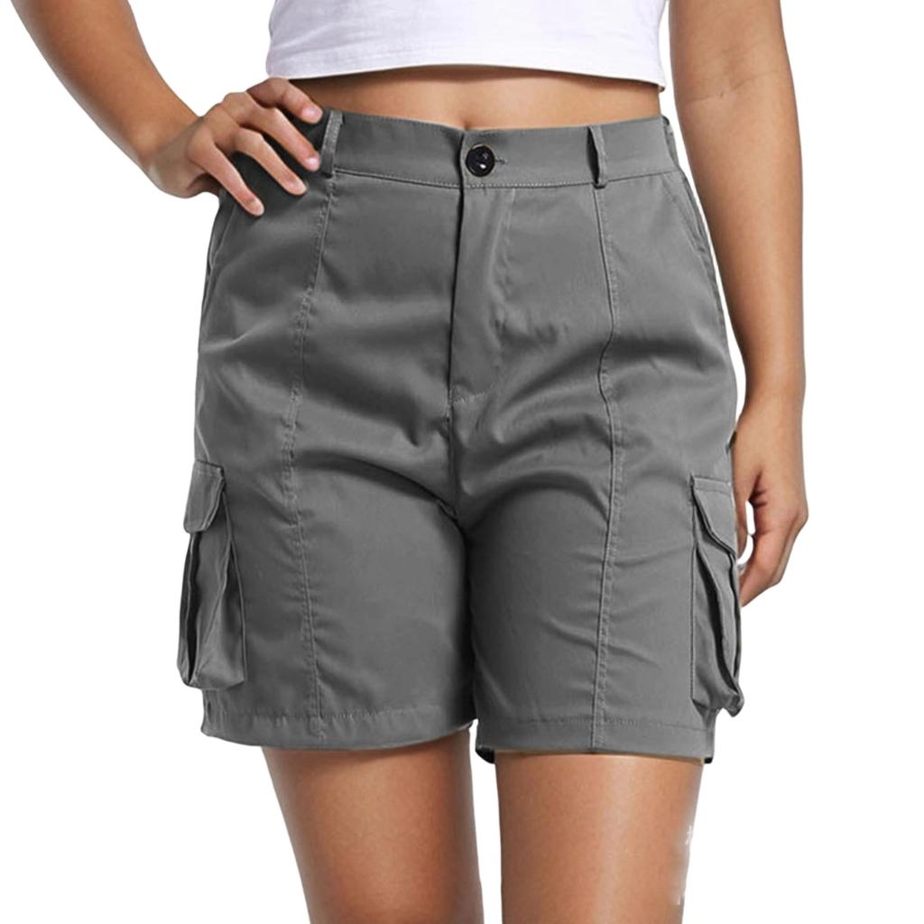 Women Casual Solid Elastic Waist Cargo Shorts with Pockets Relaxed Fit Utility Design for Everyday Wear Outdoor Activities