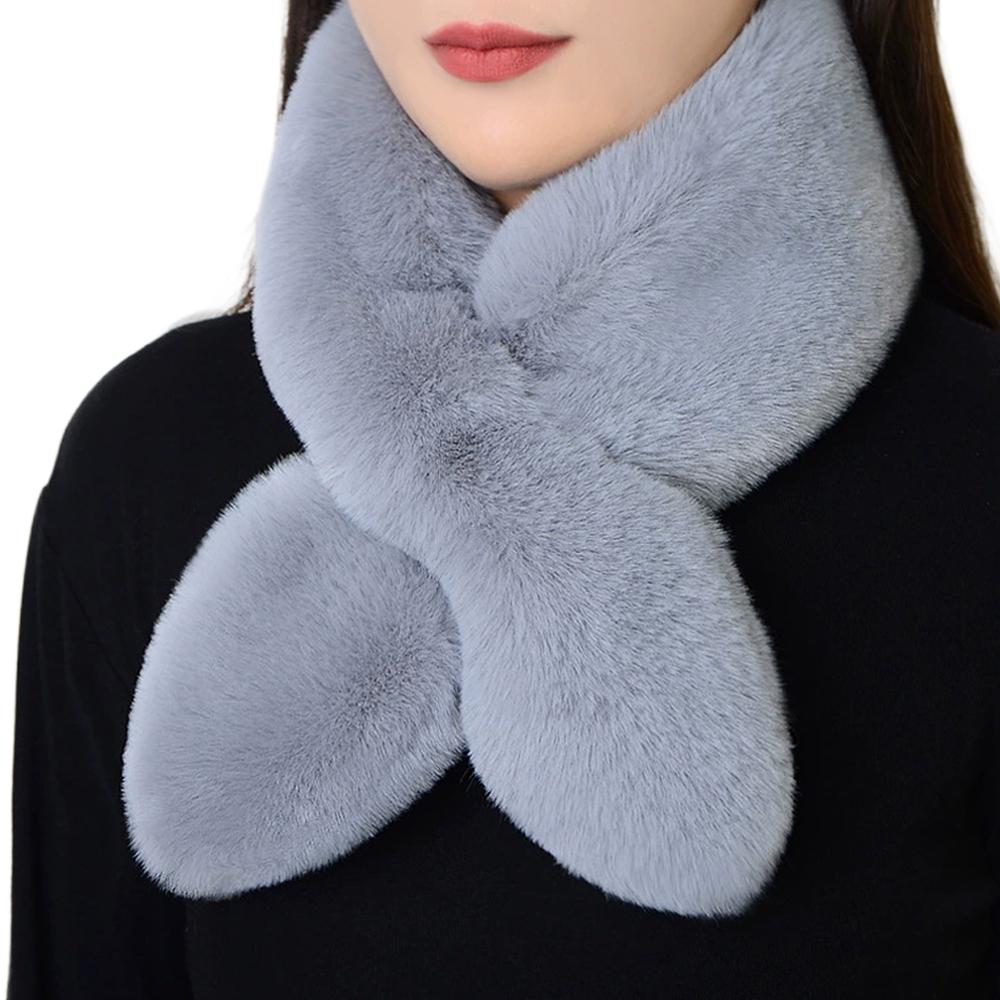 Faux Rabbit Fur Collar Scarf, Winter Warm Soft Fluffy Plush Cross Scarf, Cross Neck Warmer Faux Fur Collar for Matching Sweaters