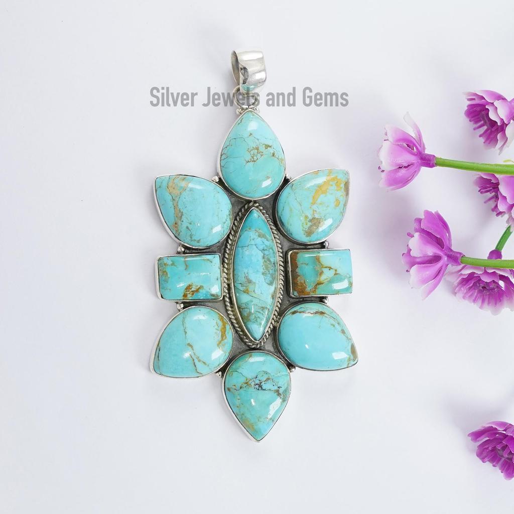 Arizona Turquoise Cluster Pendant, 925 Sterling Silver, Large Marquise Design Pendant