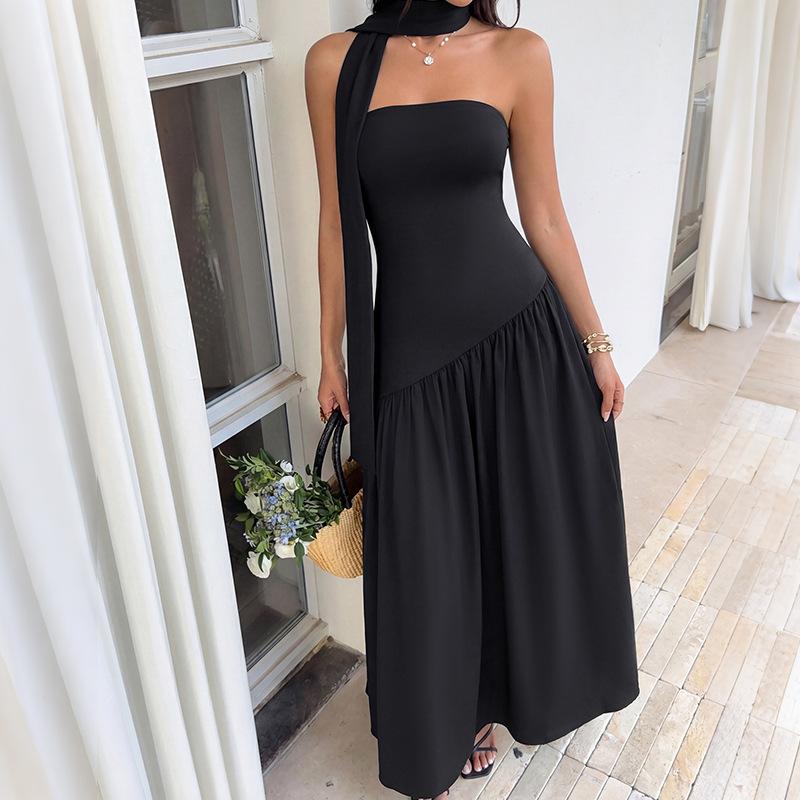 Women s Fashion Summer Spring Solid Color Print Sleeveless High Waist Casual Dresses S чёрный