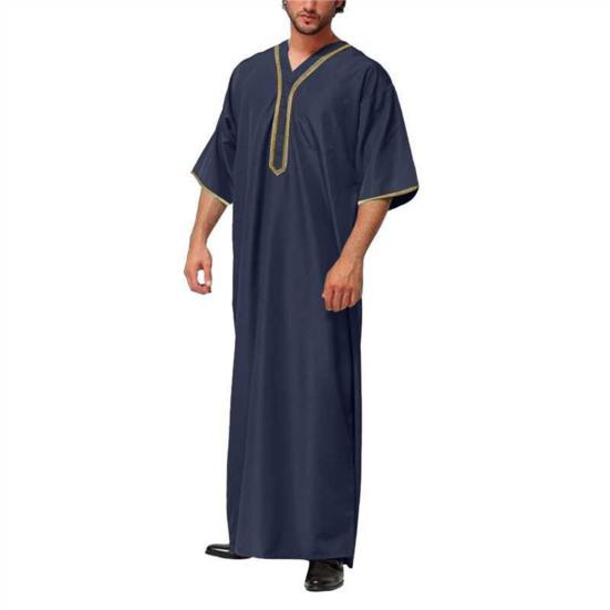 Men's Kaftan Robe Solid Color Mid-Sleeved Long Thobe V-Neck Abaya Prayer Clothing Ihram Robe