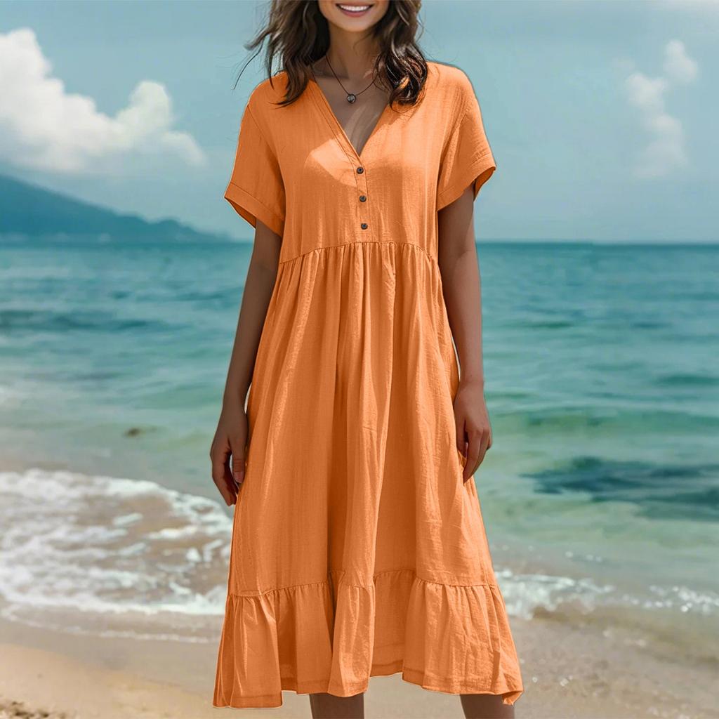 Women's Fashion Color Short Sleeve Cotton Linen Patchwork Pleat Dress