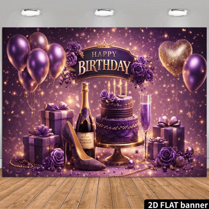 

2D Champagne & Cake Purple Gold Happy Birthday Backdrop Banner Party Decoration 47.2x31.5inch/120*80cm