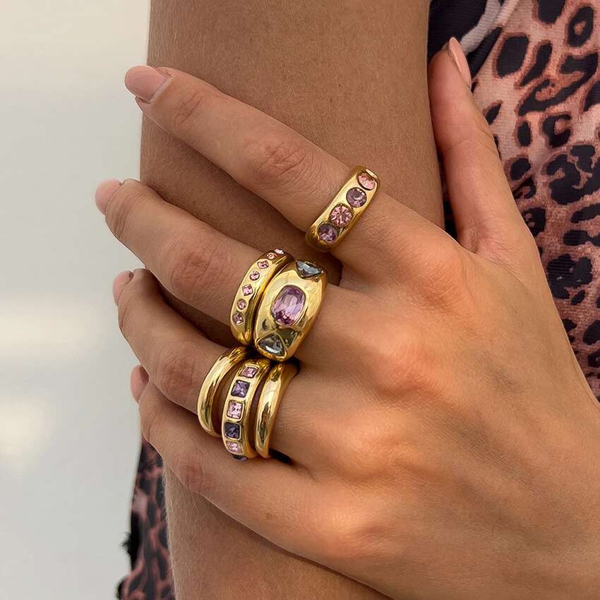 Ingemark 6Pcs Creative Inlaid Purple Rhinestone Opening Ring Set Women 2025 Trendy Simple Metal Finger Rings Jewelry Accessories