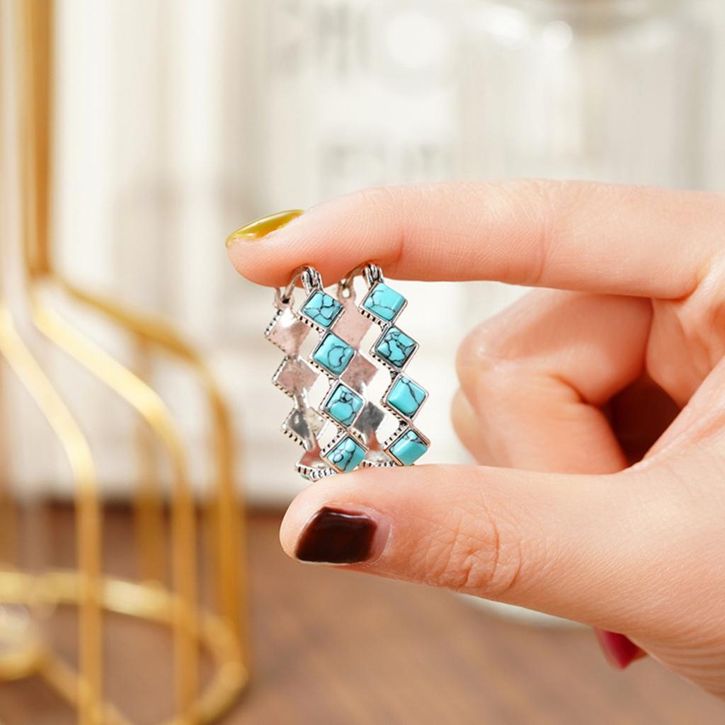 Retro Boho Geometric Zigzag Turquoise-Tone Hoop Earrings