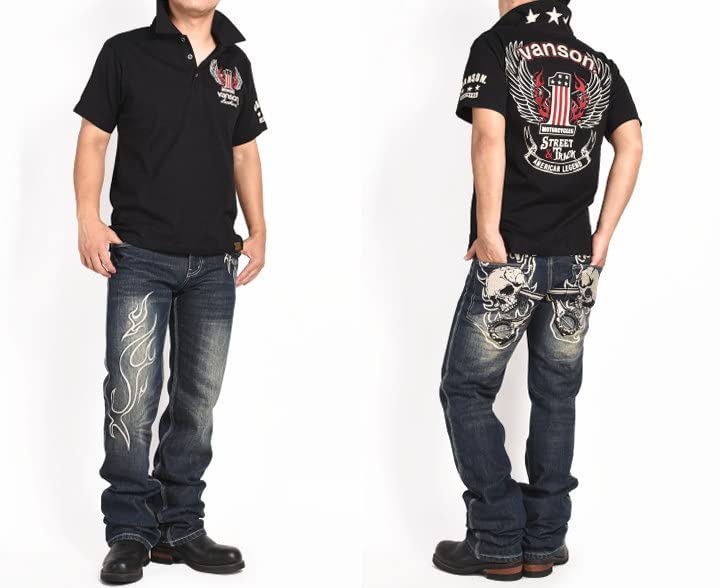 Vanson Cross Piston Fully Distressed Denim Jeans, Skull, Embroidered, Pants, SP-B-32 (Size 34, Indigo)