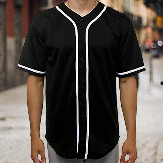 Men Summer T-shirt Pullover Short Sleeves Color Matching Buttons Single-breasted Daily Wear Loose Mid Length Men Baseball Uniform Male Clothes