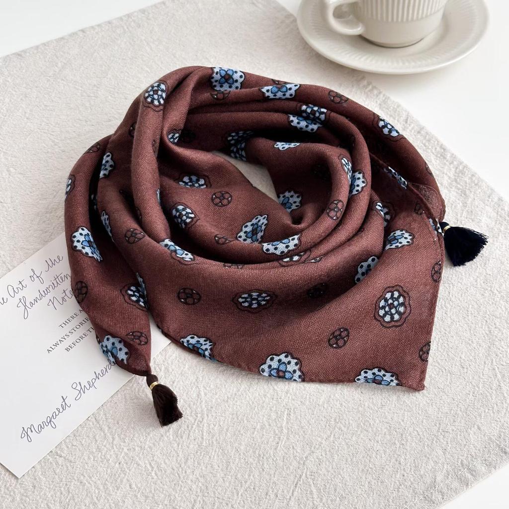 Women's Retro Navy Blue Floral Silk Wool Tassel Scarf - Versatile and Decorative 2025