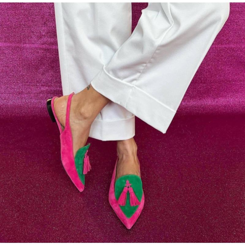 Nouvelles Chaussures d'Été Color Block pour Femmes 40-43 Grandes Pointues à Pompons Talon Bas Dos Aéré Sandales Talons Hauts Chaussures pour Femmes
