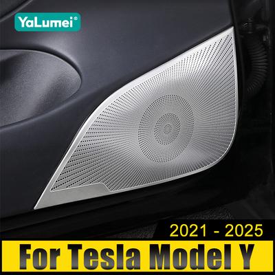 Pour Tesla Model Y 2021 2022 2023 2024 2025 Acier Inoxydable Couvercle de Haut-Parleur Audio de Porte de Voiture Haut-Parleur Tweeter Garniture Étui Autocollants