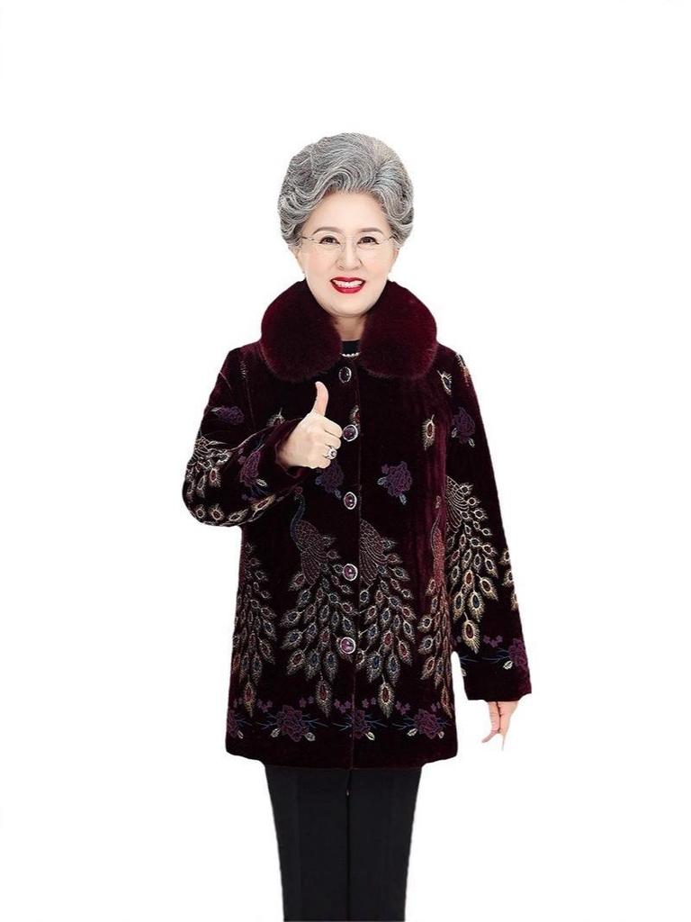 Grandma's Mink Velvet Coat with Fleece Lining, Thickened, for Middle-Aged & Elderly, Fur Collar, Warm Cotton-Padded Jacket.