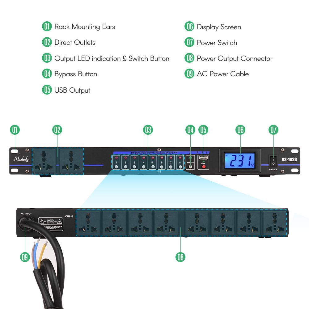 Muslady VS-1028 10-uttags rackmonterad Power Sequence Controller Conditioner Överspänningsskydd Ström