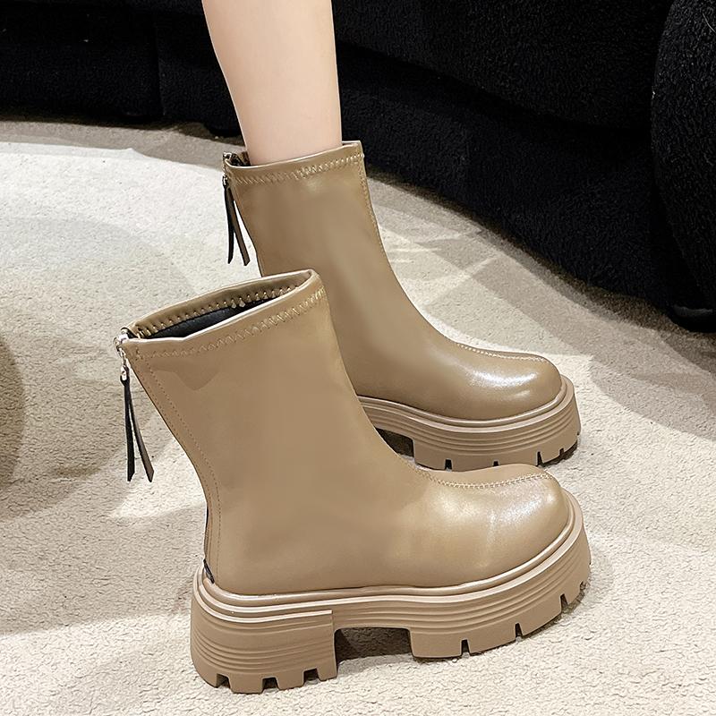 Fashionable Waterproof Thick-soled Round Head Boots Short Tube Boots Zipper Elastic Leather Upper For Autumn/winter