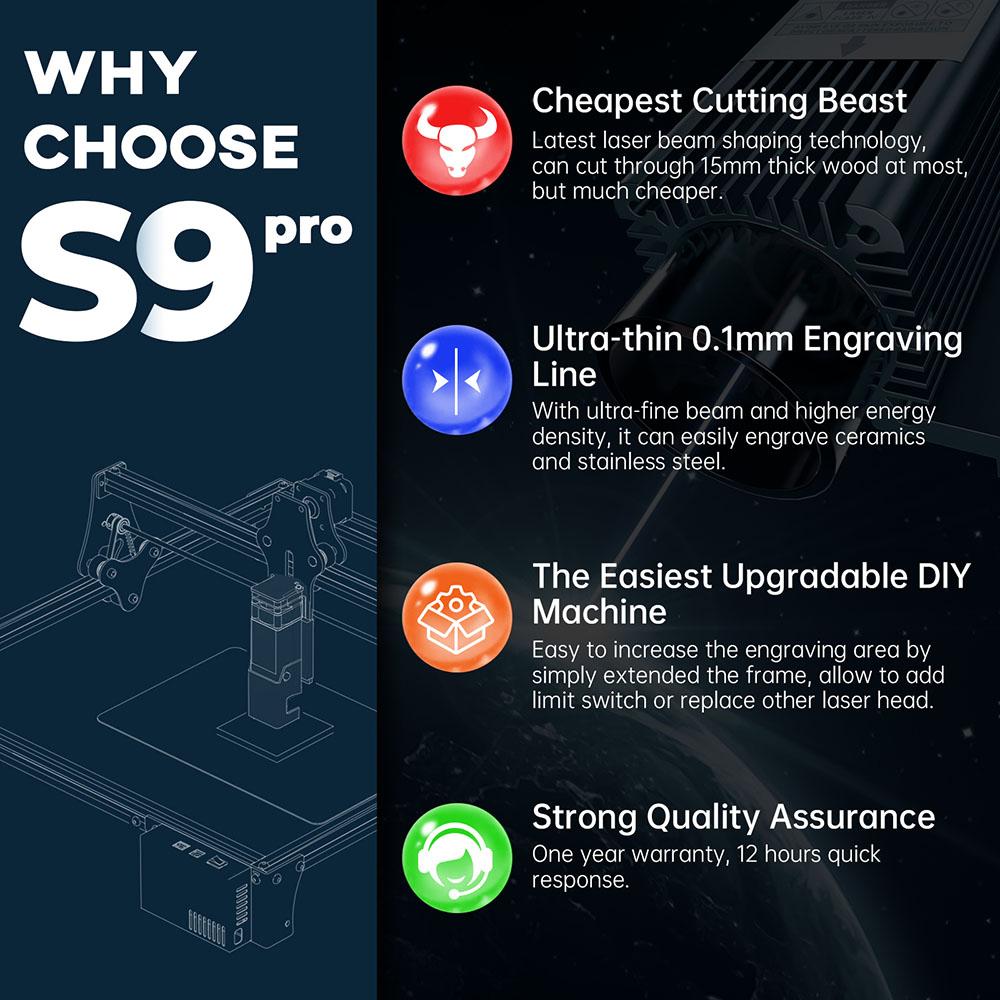 SCULPFUN S9 Pro 10W Dual Laser Engraver, 0.06mm High Precision, 15mm Wood 10mm Acrylic Cutting, 400*410mm (15.7*16.2 inch) - EU Plug