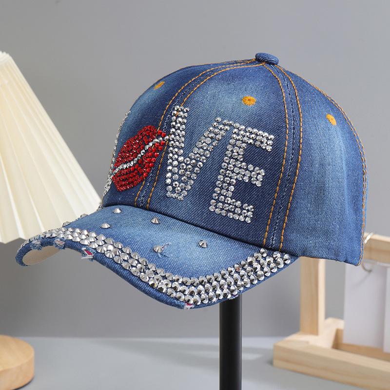 New Hip Hop Denim Cap Rhinestone Creative Lip Print Baseball Cap LOVE Alphabet Sun Hat Men's and Women's Cowboy Hats