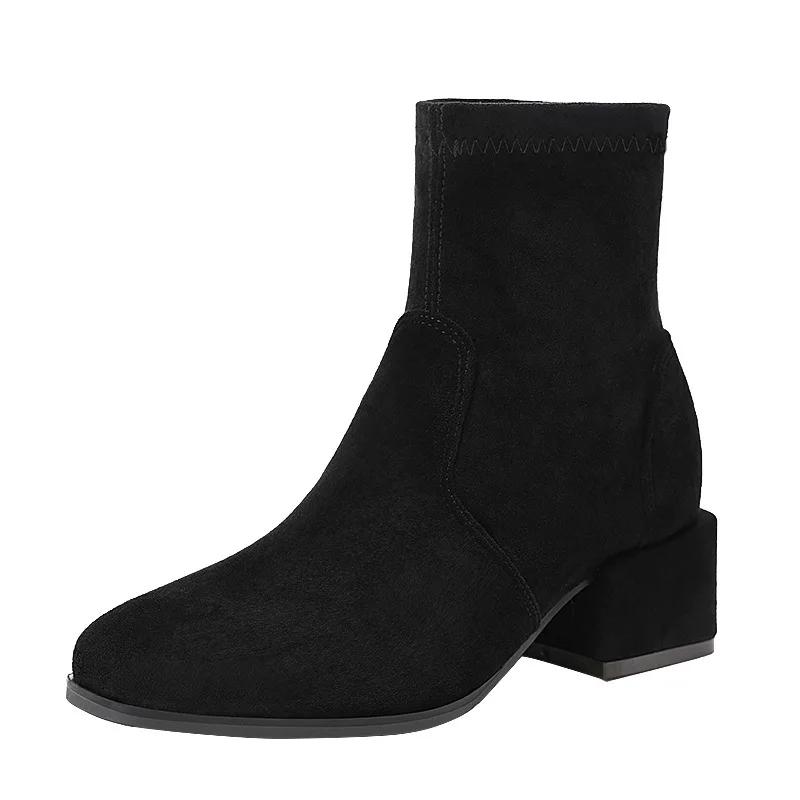 Suede Winter Shoes Thick Heel Side Zip Comfort Women's Ankle Boots 2024 Elegant Black High Heels Office Women Boots32-43