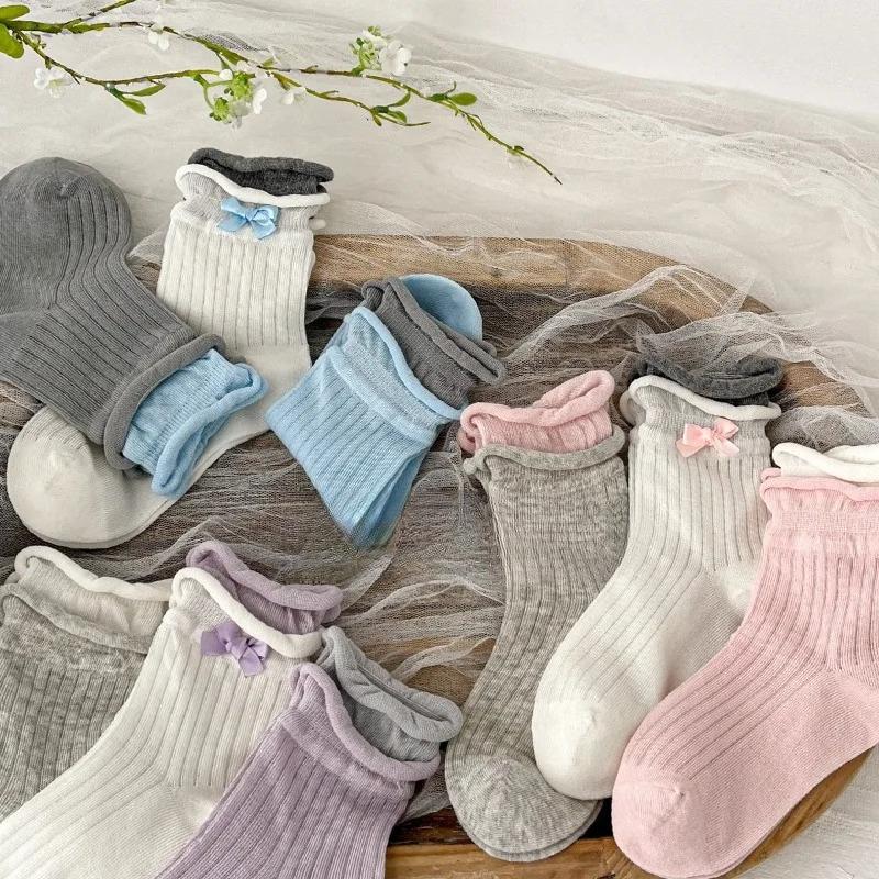 3 Pairs/set Cute Fashion New Korean Girls Socks Summer Thin Mid-Crew Lace Mesh Breathable Seamless Ankle Socks with Bow Trim