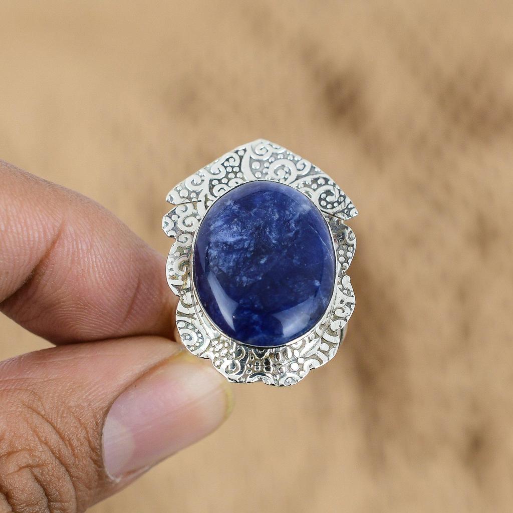 Mothers day Deal Oval Natural Sodalite Promise Engagement Ring Sterling Silver