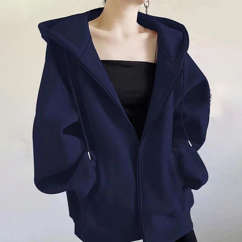 Autumn Winter Women's Fleece Sweatshirt Thickened Hooded Zip-up Loose Sweatshirt