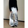 Mens Relaxed Fit Straight Leg Denim Jeans With Vintage Blue Wash Graffiti Print Mid-Rise Casual Trousers Streetwear