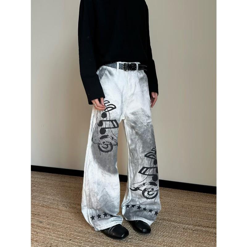 Mens Relaxed Fit Straight Leg Denim Jeans With Vintage Blue Wash Graffiti Print Mid-Rise Casual Trousers Streetwear