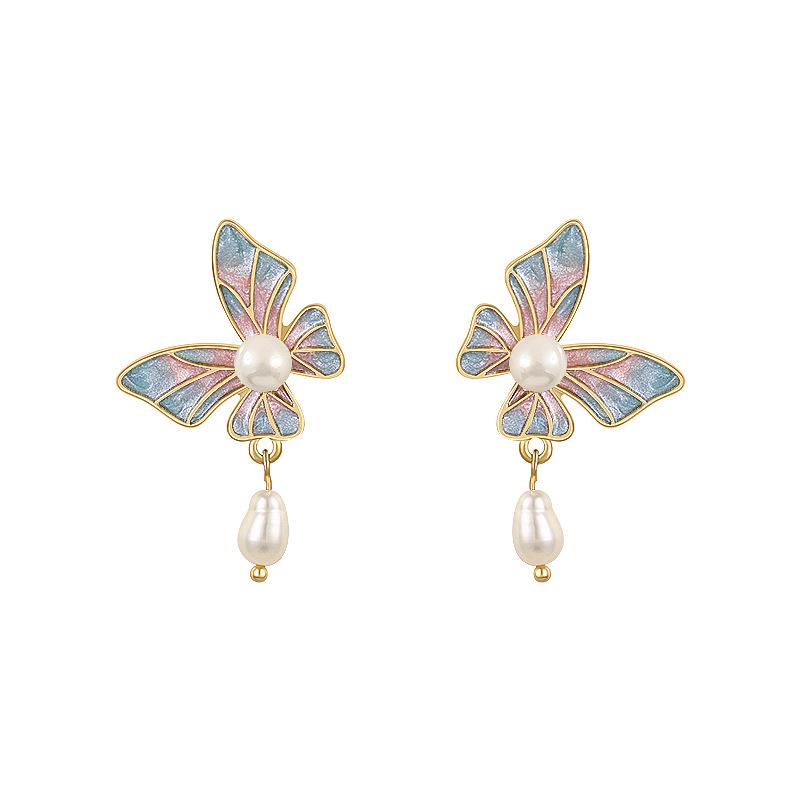 Cercei din Argint S925 cu Fluture, Perlă și Smalț pentru Femei - Stil Retro Coreean