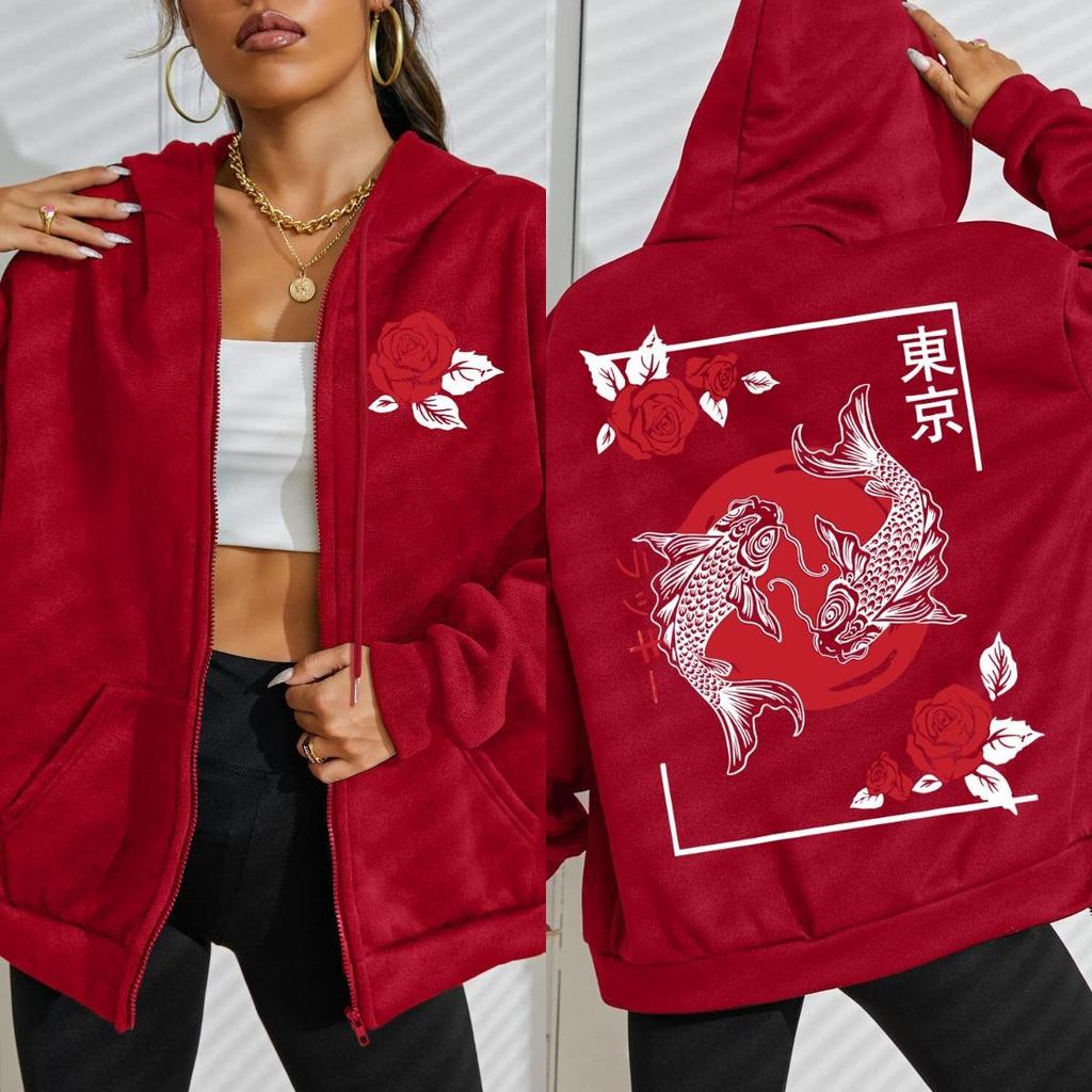 Tokyo Koi Fish Rose Harajuku Pattern Women Hoodie Street Oversize Hoodies Zipper Fleece Hoody Soft Woman Clothing