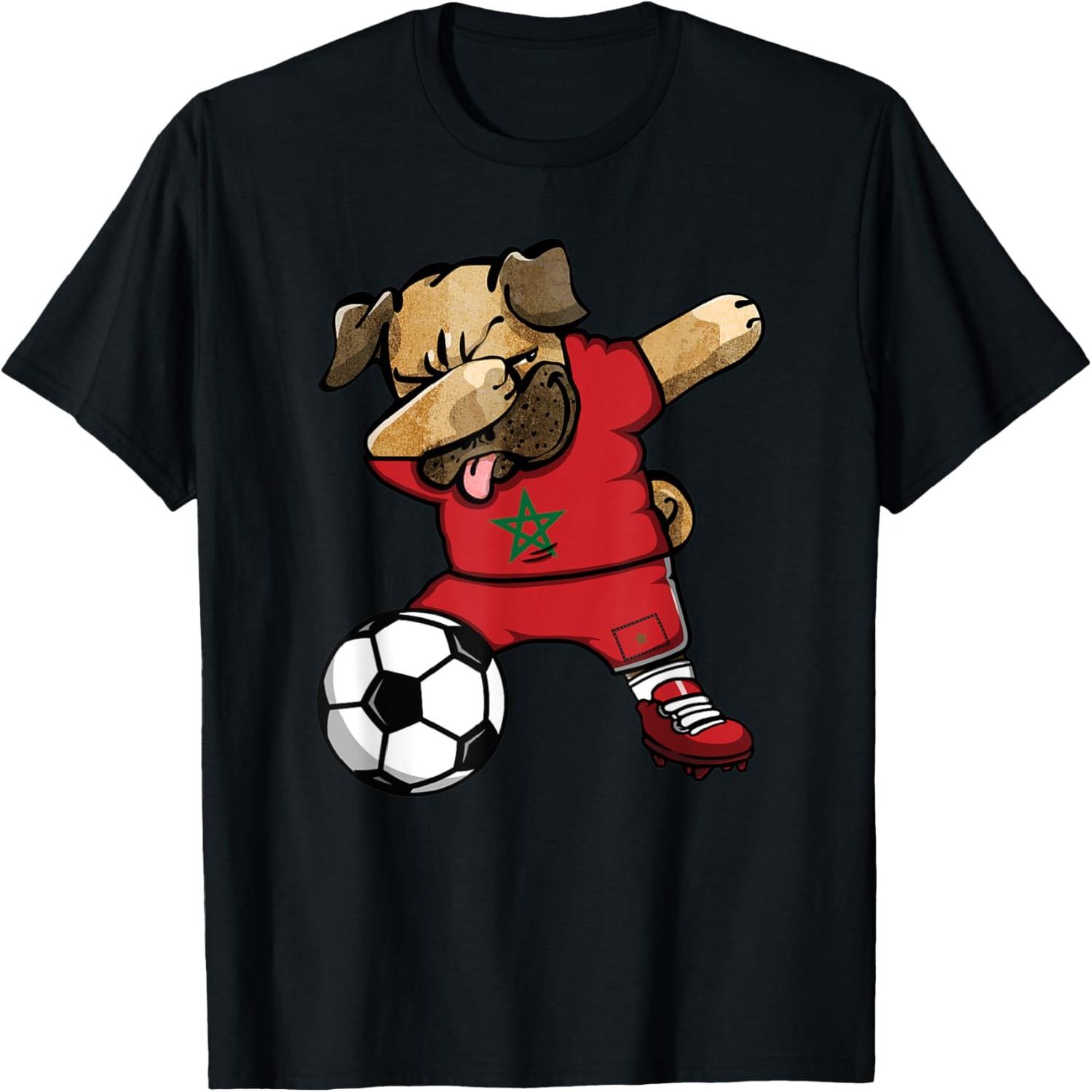 Dabbing Pug Dog Morocco Soccer Fans Jersey Moroccan Football T-Shirt S