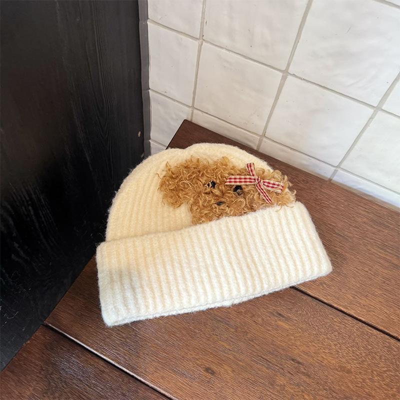 Korean Autumn and Winter Knitted Hat Cute Teddy Puppy Woolen Hat for Women  Versatile Warm and Face Friendly Small Ear Protection Hat  Pullover Hat