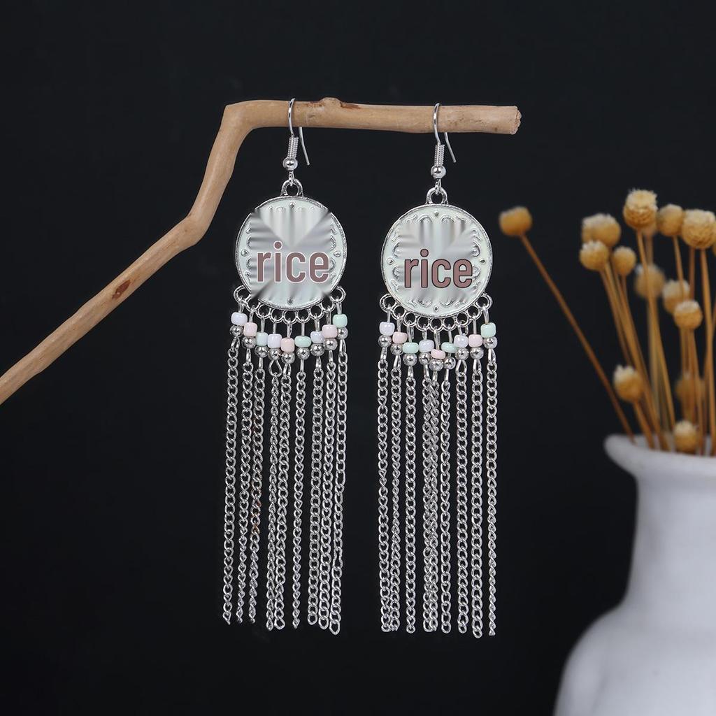 Bohemian Ethnic Oval Tassel Earrings with Beads