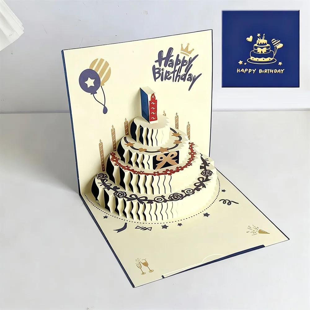 New 3D Happy Birthday Card Four-Layer Birthday Cake with Envelope Musical Light Greeting Card Pop Up Foldable Gift Card