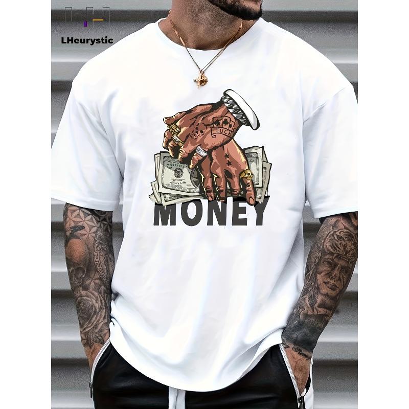 European Size Men S Sporty T-Shirt with Money Pattern Print S белый