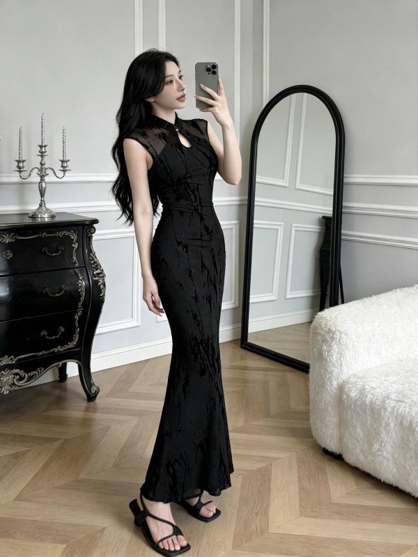 Elegant Chinese Style Mesh Qipao Fishtail Dress for Women