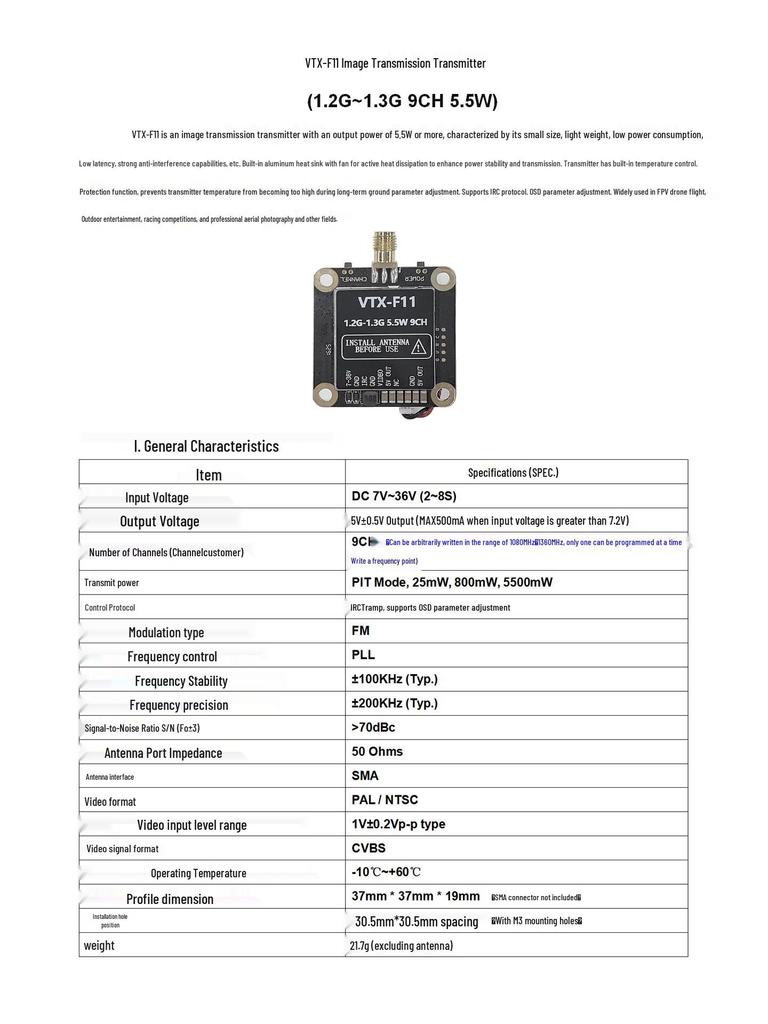 1.2G/1.3G 5.5W 9CH VTX Video Transmitter with IRC Protocol Support for Flight Controllers