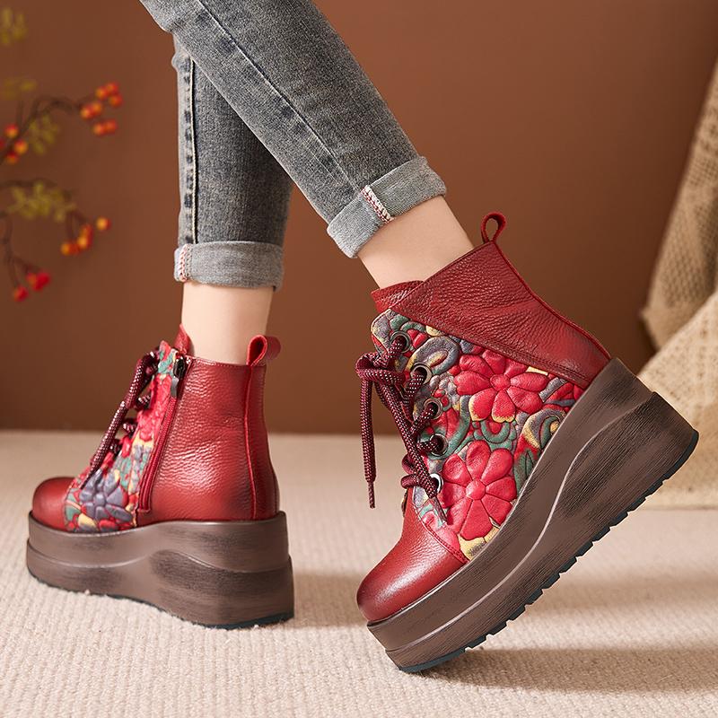 Fashion GKTINOO Handgefertigte Damenstiefel aus echtem Leder Runde Zehenpartie Retro Keilabsatz Stiefeletten Print Plateau High-Heel-Stiefel