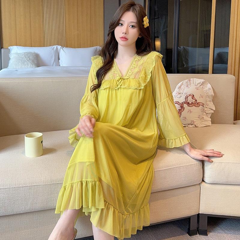 Ling Lei Chunqiu Solid Color V-Neck Lace Bow Mesh Court Princess Style Medium Long Pajamas Pajamas Homewear