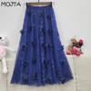 Herfst Winter Dames Hoge Taille Casual Lange Rok Kleding Mesh Kralen Mid-kuit Rokken Vrouw Lange Rokken Voor Dames