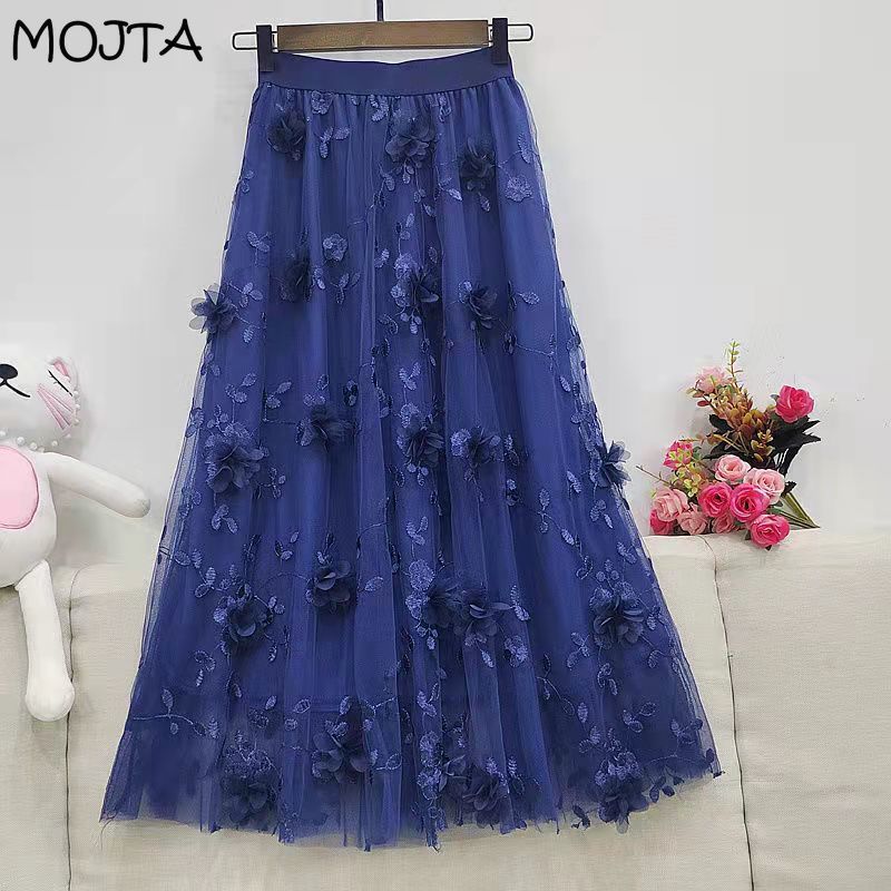 Herfst Winter Dames Hoge Taille Casual Lange Rok Kleding Mesh Kralen Mid-kuit Rokken Vrouw Lange Rokken Voor Dames