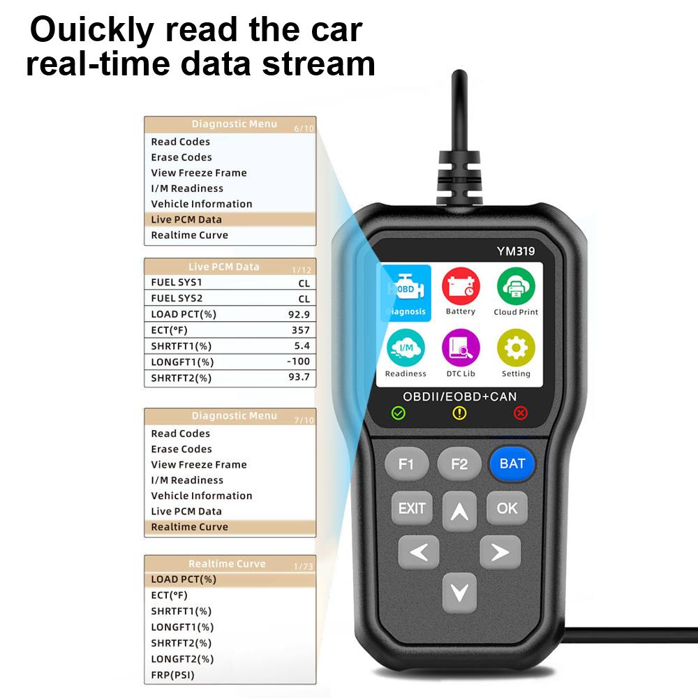 Tester baterií Vícejazyčný systém kontroly motoru YM319 Vymazání/vymazání kódů Čtečka kódů Diagnostický nástroj automobilu OBD2 Skener