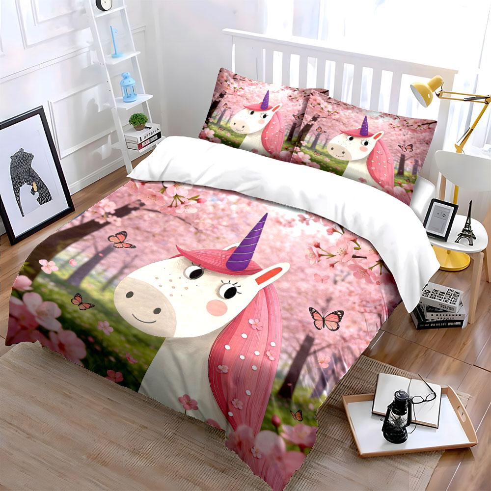 Unicorn Blossom Spring Decor Set Soft Comfortable Duvet Cover Bedding Set Included 1*Duvet Cover & 2*Pillowcases, Gift