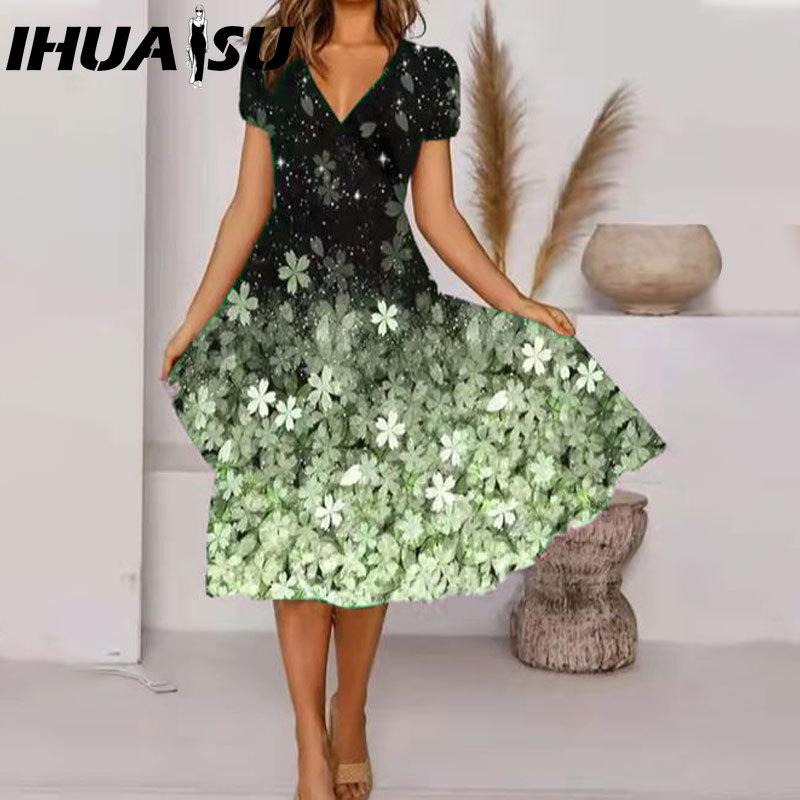 IHUASU Vestido midi de talla grande con escote en V, manga corta, dobladillo alto, informal, estampado floral colorido