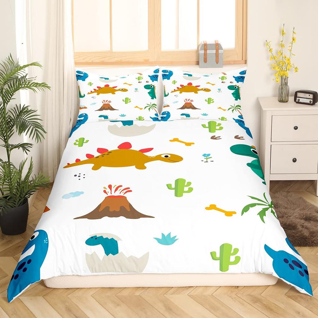 Cute Dinosaur Duvet Cover King Queen Kawaii Cartoon Wild Dino Bedding Set For Kids Boys Girls Jungle Animals Comforter Cover