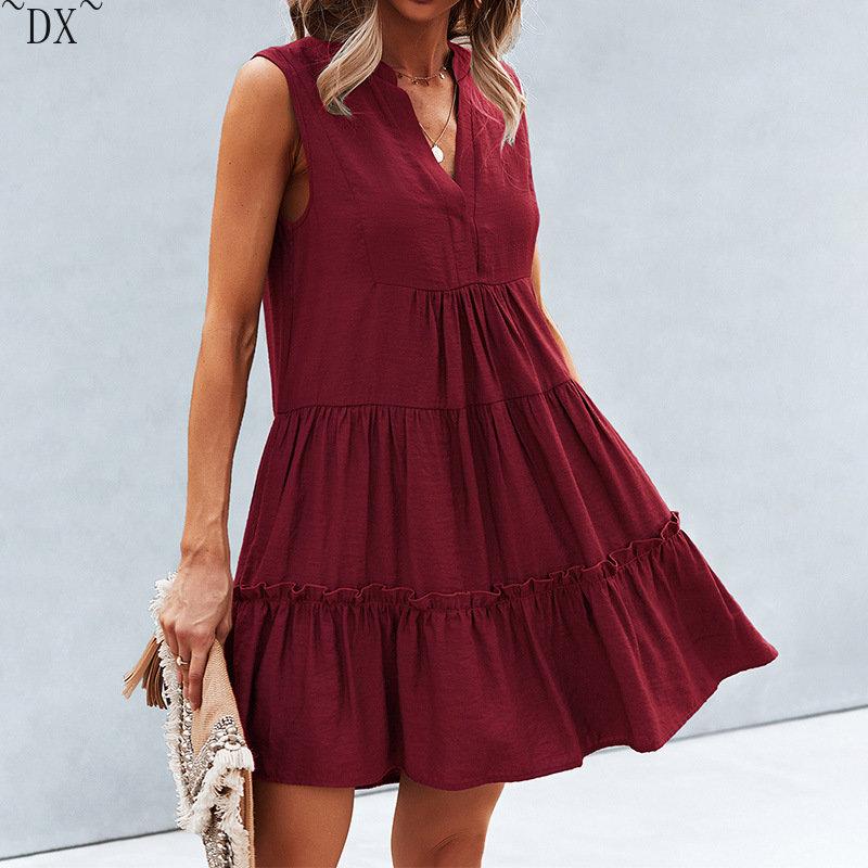 DX~~2023 Summer Europe and America V-neck Sexy Solid Color Dress Irregular Splice Sleeveless Commuter Big Swing Dress Women