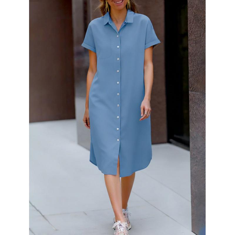 

Spring new temperament commuter short-sleeved lapel shirt dress European and American comfortable and casual medium and long styles XL