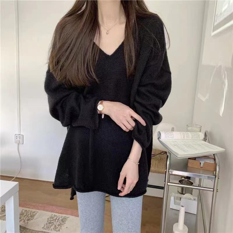 

Новинка начала осени, свободный ленивый стиль, V-образный вырез, закатанный край, разрез, модный пуловер-свитер, женская одежда на каждый день 410-171 (average size) чёрный