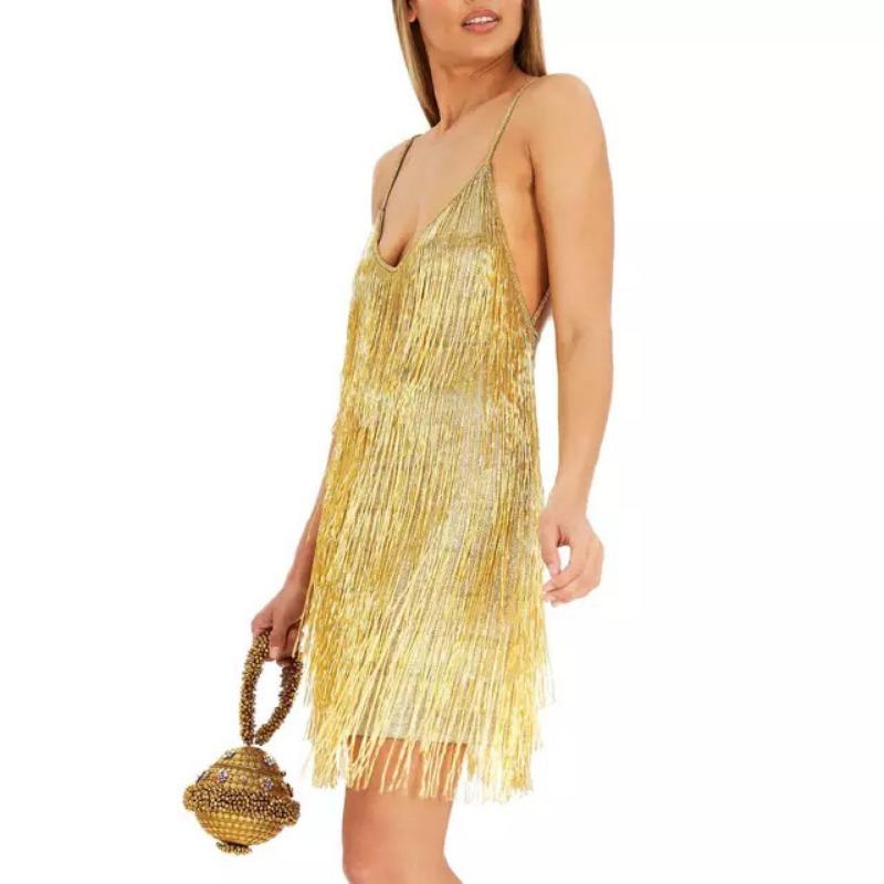 Tief ausgeschnittenes Minikleid mit Spaghettiträgern und Rückenausschnitt, Glitzer-Fransen-Quasten kurzes Kleid, Sexy Club Party Abendauftritt Bodycon Cocktailkleid Mehrere Farben
